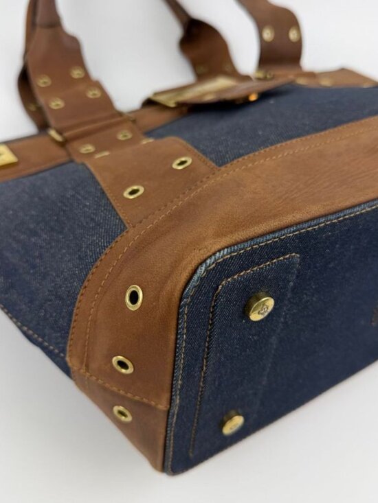 Dior Tote Brown Navy Denim Leather Vintage - Picture 9 of 16